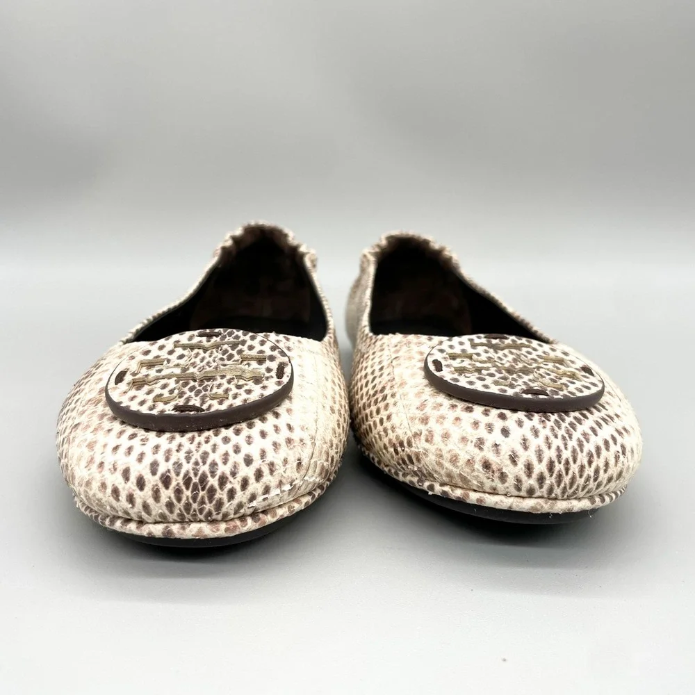 Tory Burch Minnie Travel Ballet Flats Womens 9M Snake Print Leather Brown Cream